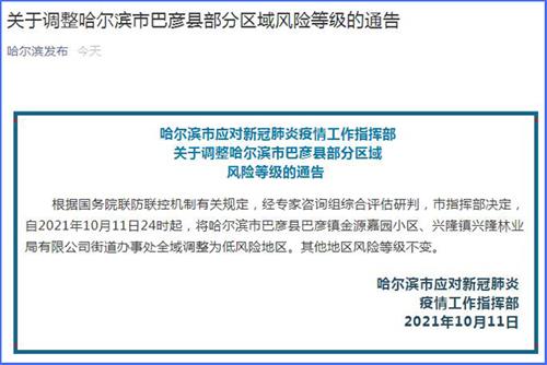 哈尔滨一地调整为中风险(哈尔滨被列为中风险地区) 哈尔滨一地调整为中风险(哈尔滨被列为中风险地区)
