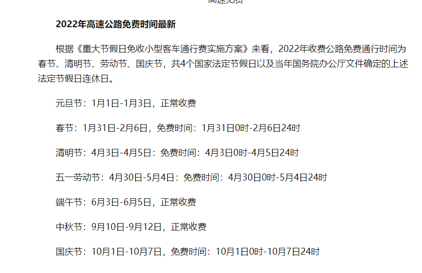 春节高速免费时间2022免费几天(春节高速公路免费几天2022)