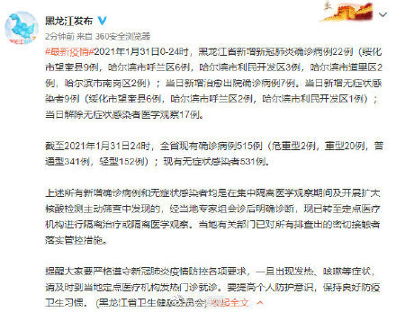 黑龙江新增确诊1例/黑龙江新增确诊1例是哪里的